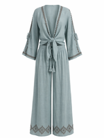 Load image into Gallery viewer, Tie Front Top with Pattern Trim Pants Set