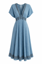 Load image into Gallery viewer, Embroidered V-Neck Midi Dress