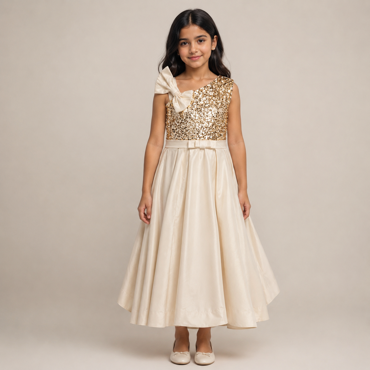 Girls One-Shoulder Sequin Bow Soiree Dress