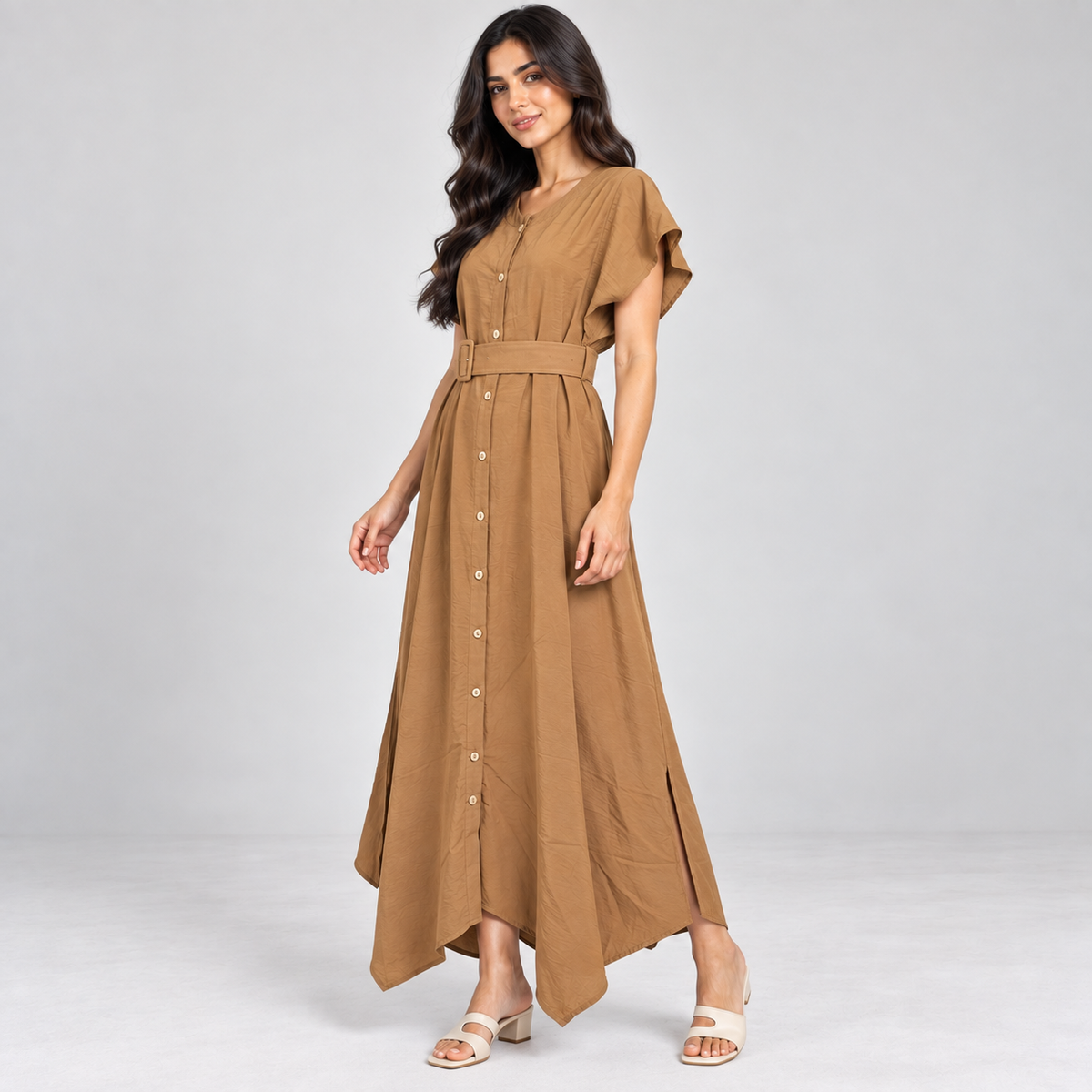 Women Button-Front Flutter Sleeve Midi Dress