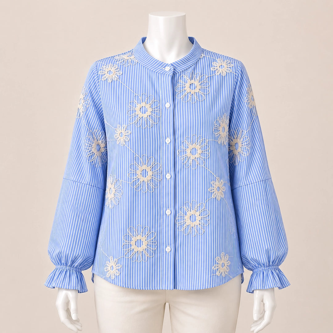 Women Floral Embroidered Striped Shirt