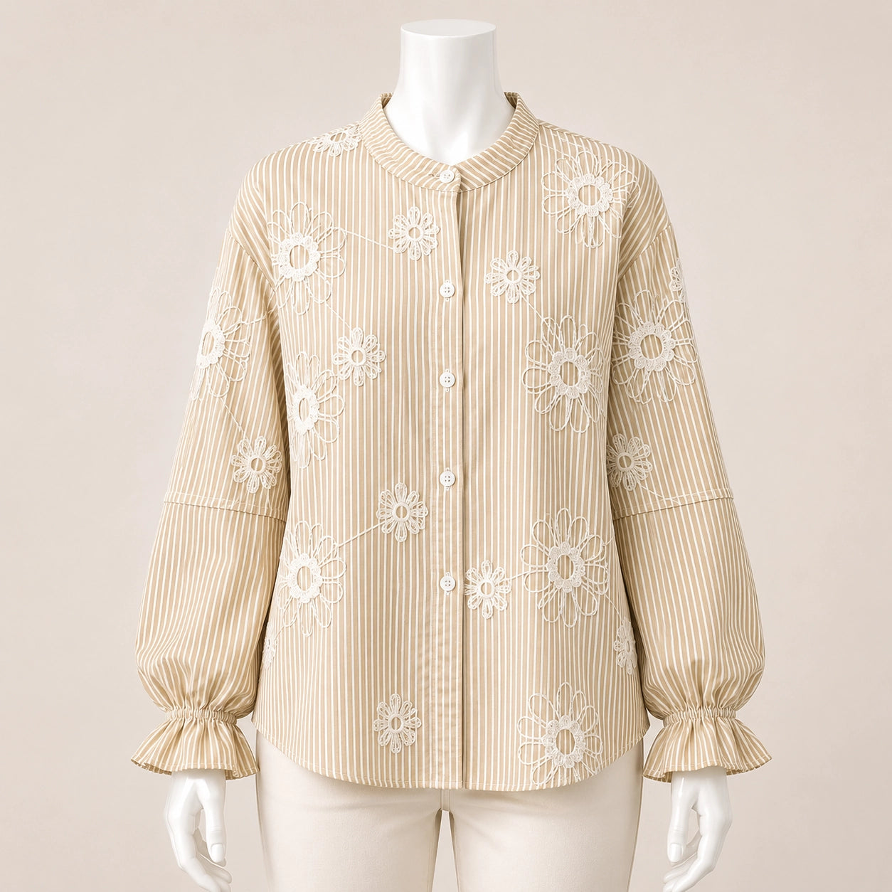 Women Floral Embroidered Striped Shirt