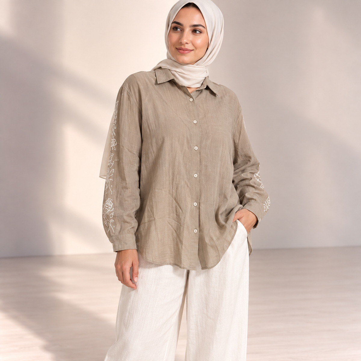 Women Embroidered Sleeve Relaxed Shirt