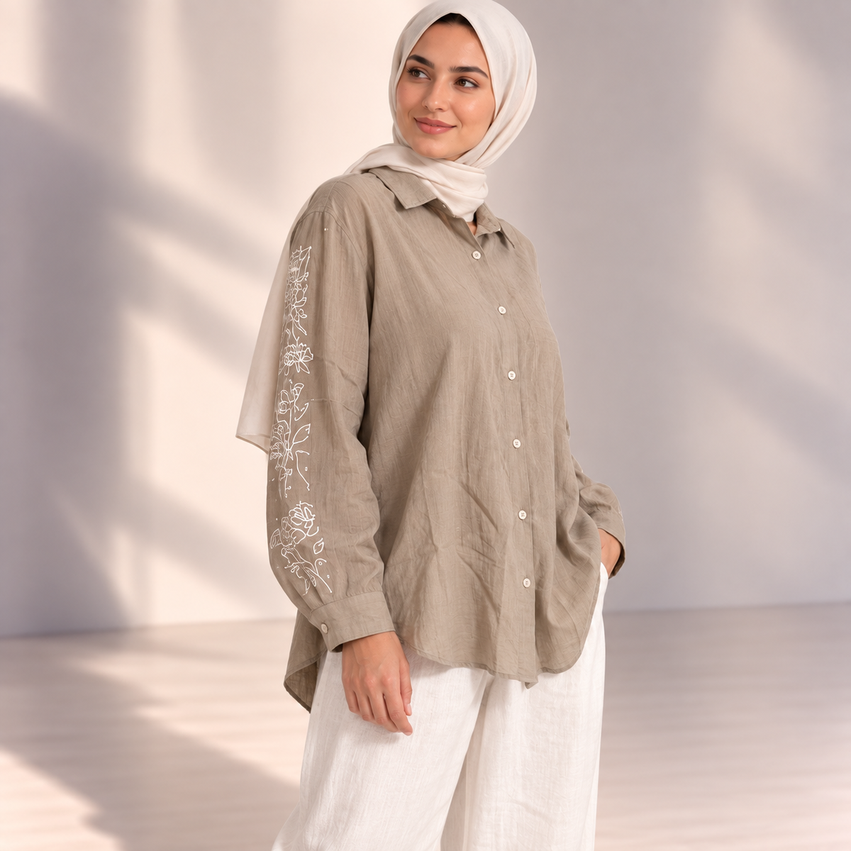 Women Embroidered Sleeve Relaxed Shirt