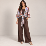 Women Tropical Tie-Front Top & Wide-Leg Pants Set