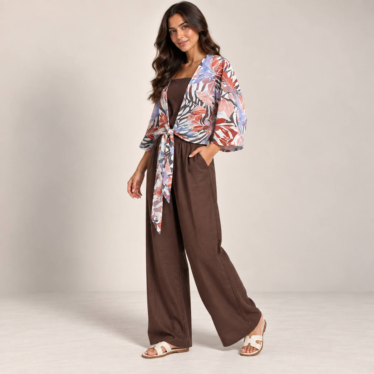Women Tropical Tie-Front Top & Wide-Leg Pants Set