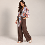 Women Tropical Tie-Front Top & Wide-Leg Pants Set
