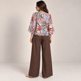 Women Tropical Tie-Front Top & Wide-Leg Pants Set