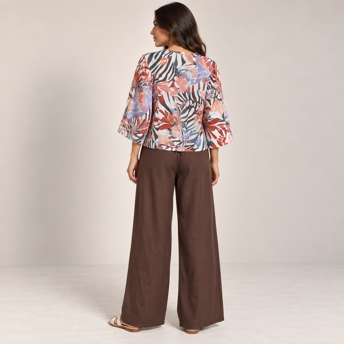 Women Tropical Tie-Front Top & Wide-Leg Pants Set