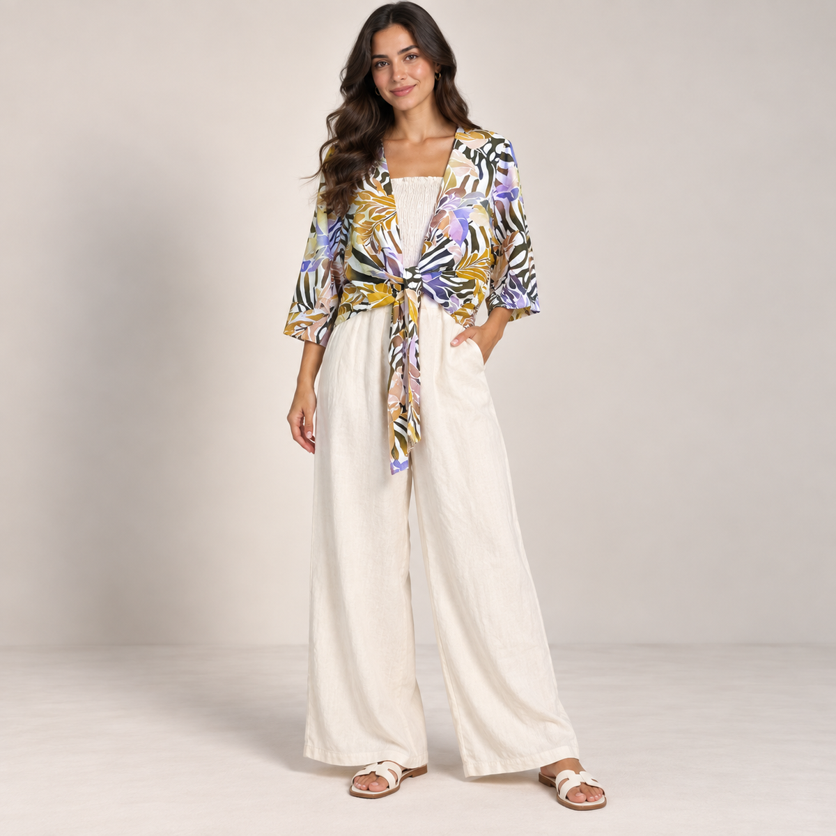 Women Tropical Tie-Front Top & Wide-Leg Pants Set