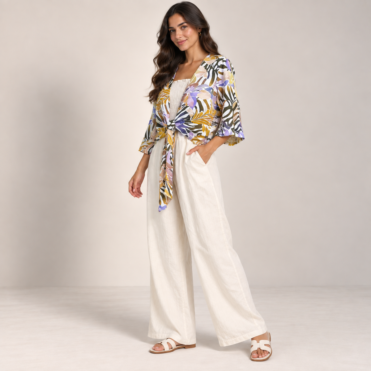 Women Tropical Tie-Front Top & Wide-Leg Pants Set