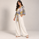Women Tropical Tie-Front Top & Wide-Leg Pants Set