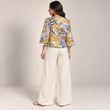 Women Tropical Tie-Front Top & Wide-Leg Pants Set