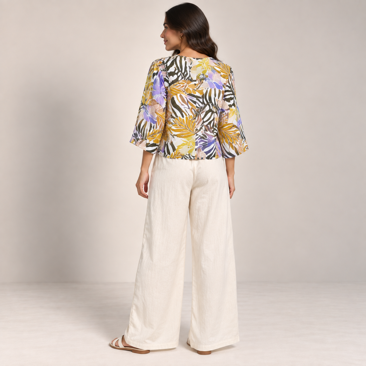 Women Tropical Tie-Front Top & Wide-Leg Pants Set