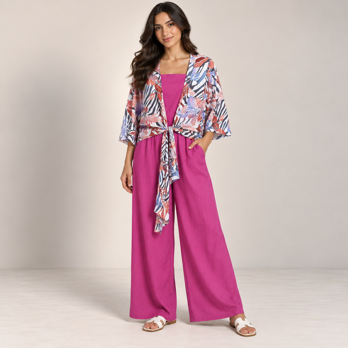 Women Tropical Tie-Front Top & Wide-Leg Pants Set