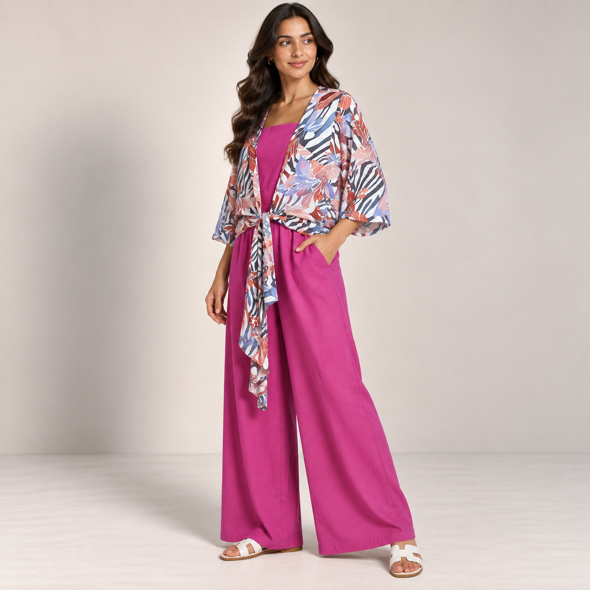 Women Tropical Tie-Front Top & Wide-Leg Pants Set