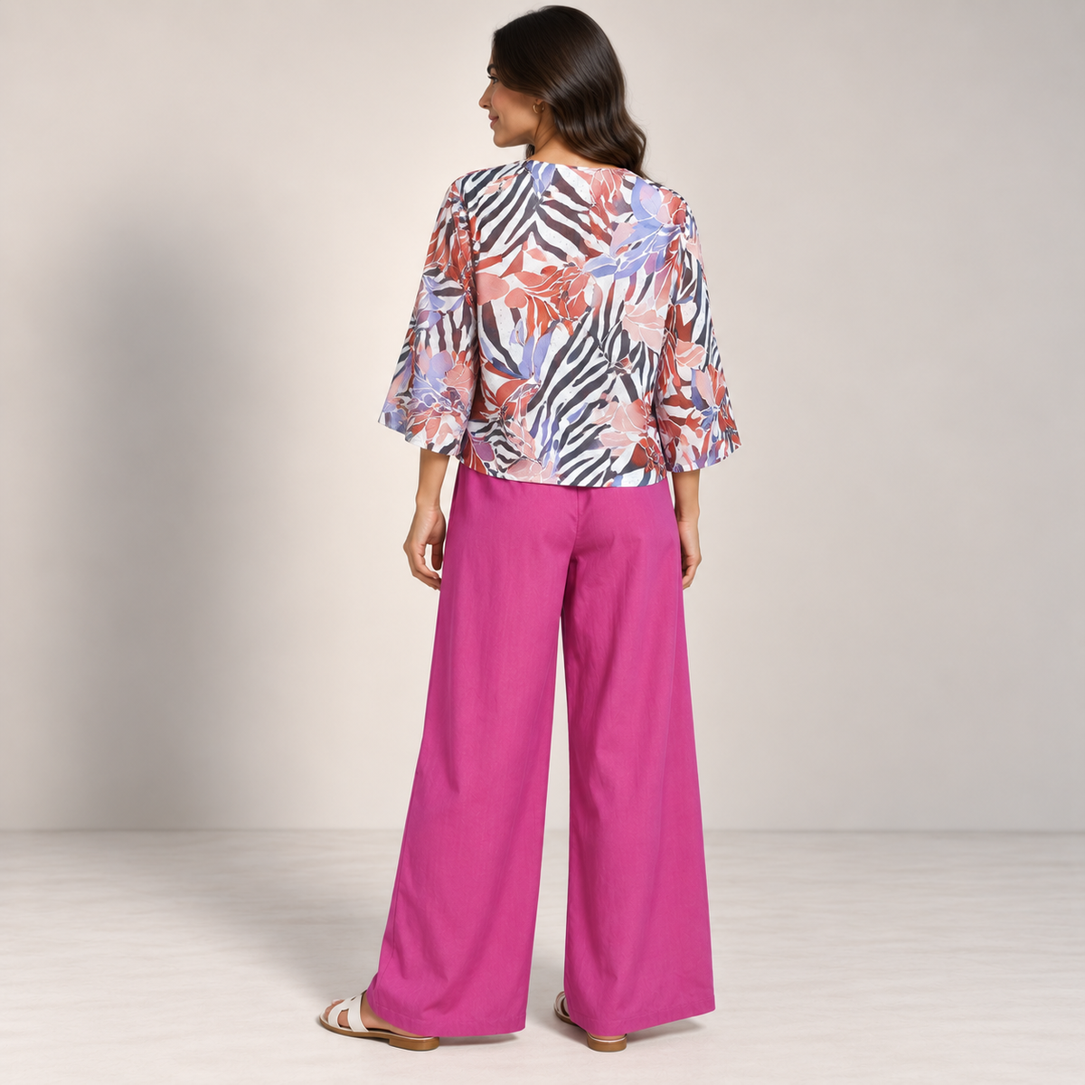 Women Tropical Tie-Front Top & Wide-Leg Pants Set