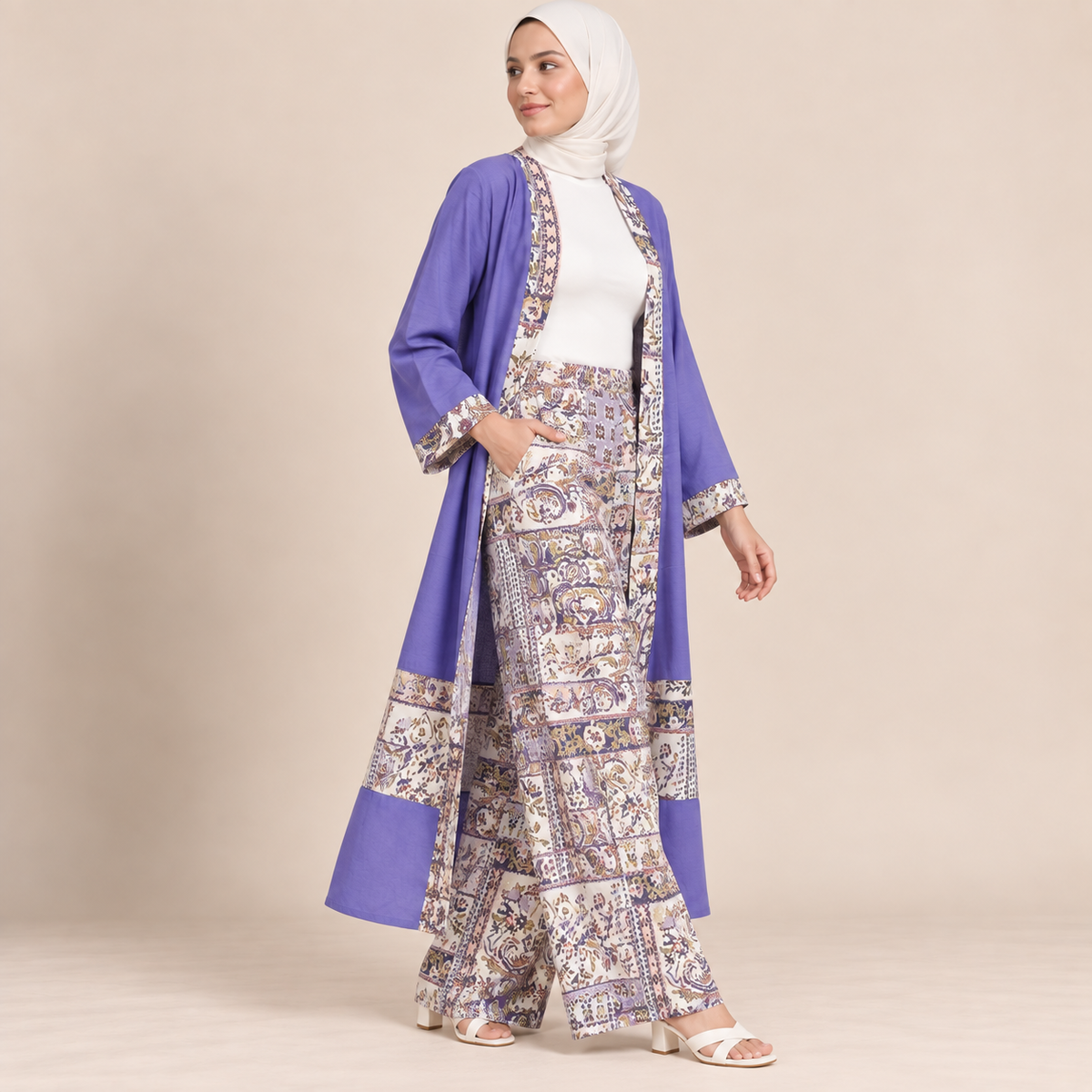 Women Printed Wide-Leg Pants & Long Kimono Set