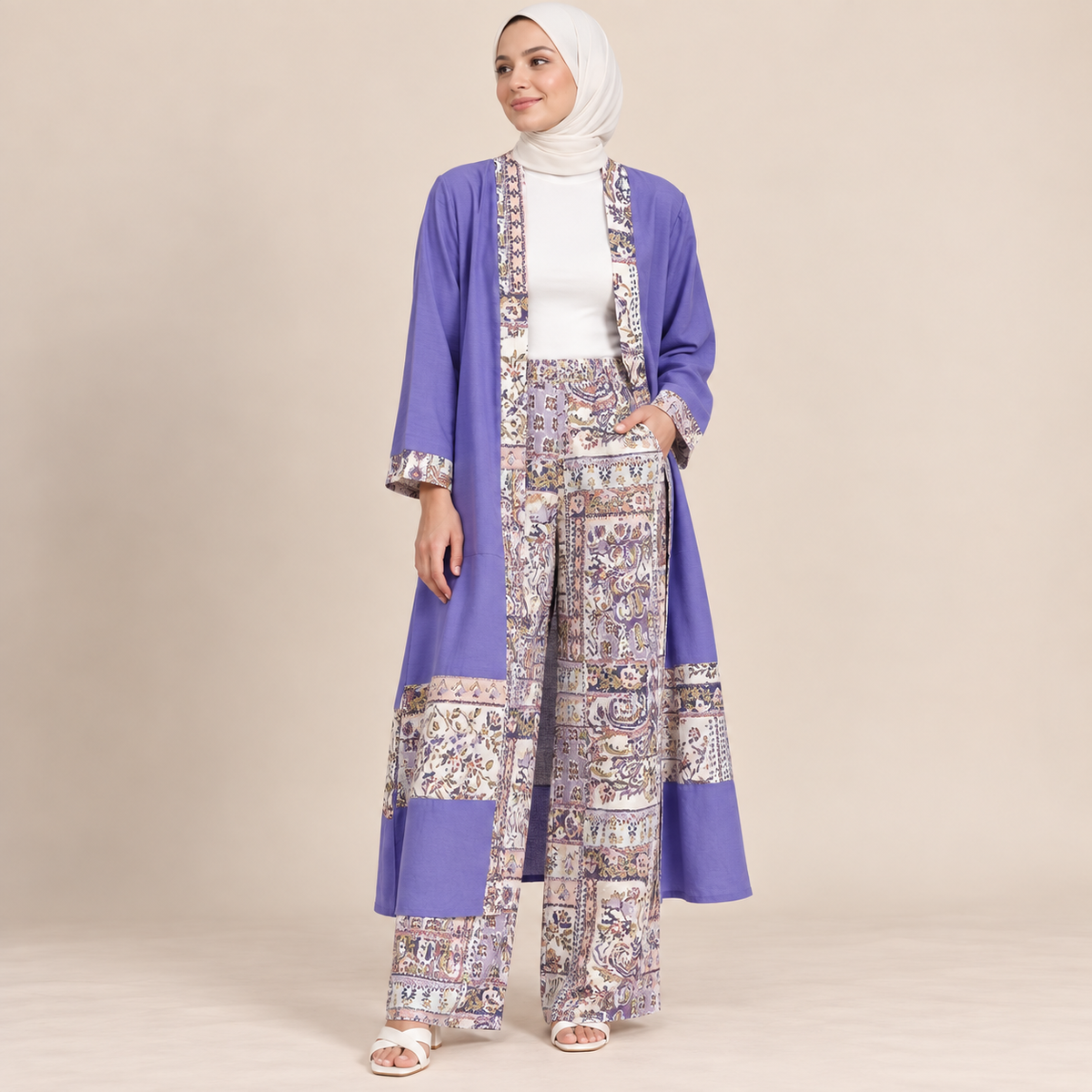 Women Printed Wide-Leg Pants & Long Kimono Set