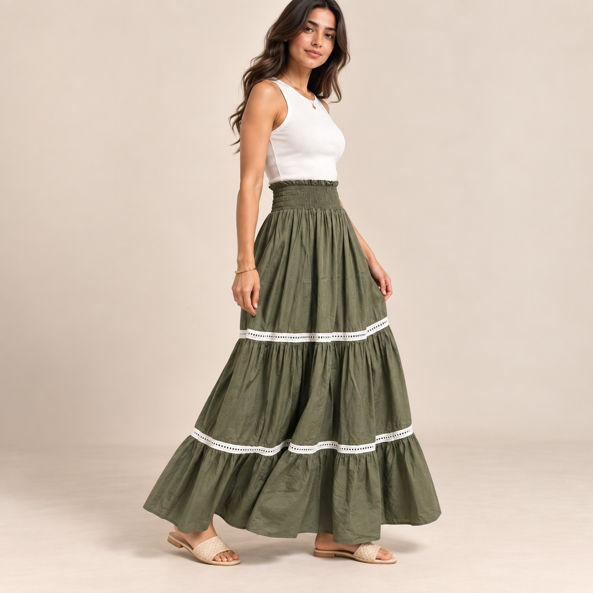 Women Tiered Smocked Waist Maxi Skirt