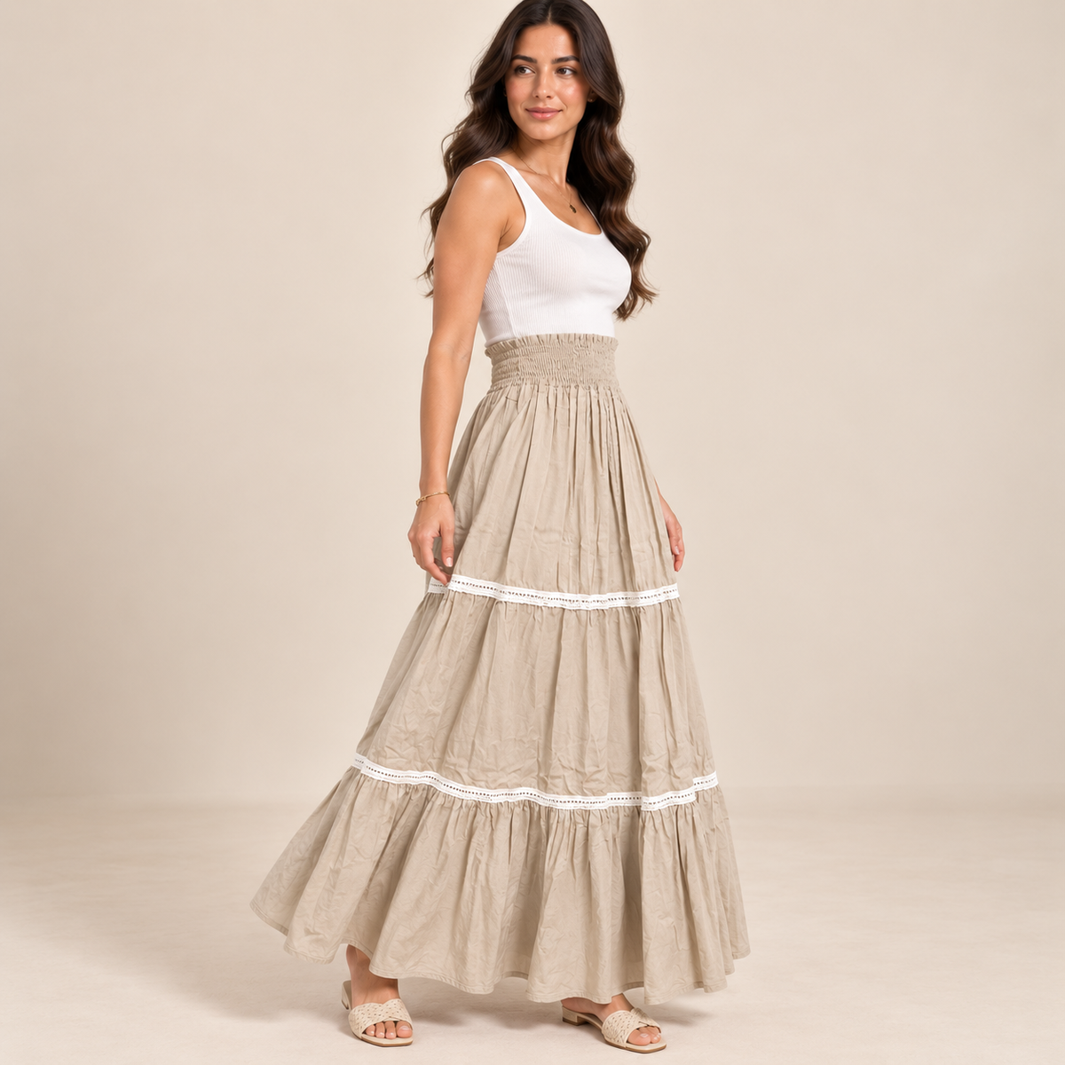 Women Tiered Smocked Waist Maxi Skirt