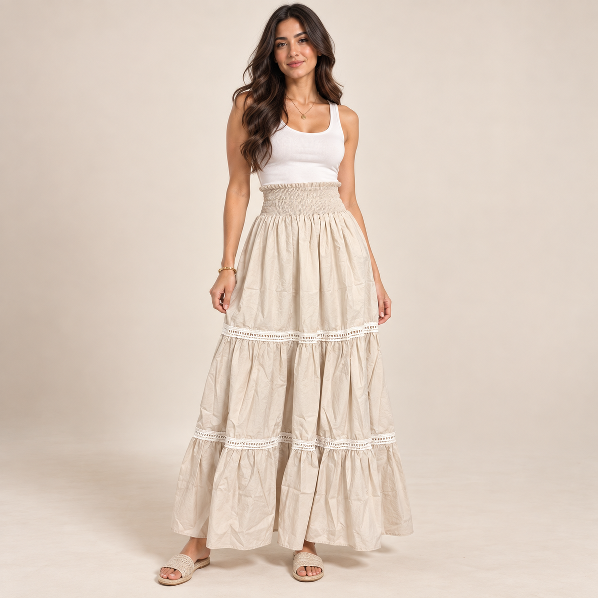 Women Tiered Smocked Waist Maxi Skirt