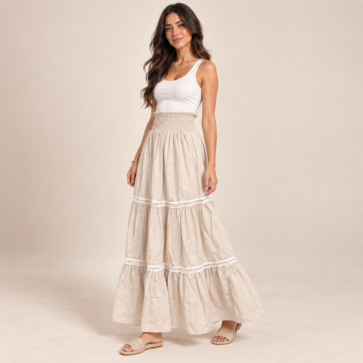Women Tiered Smocked Waist Maxi Skirt