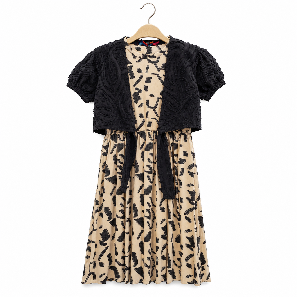 Girls Jacquard Linen Twin Set with Plain Bolero