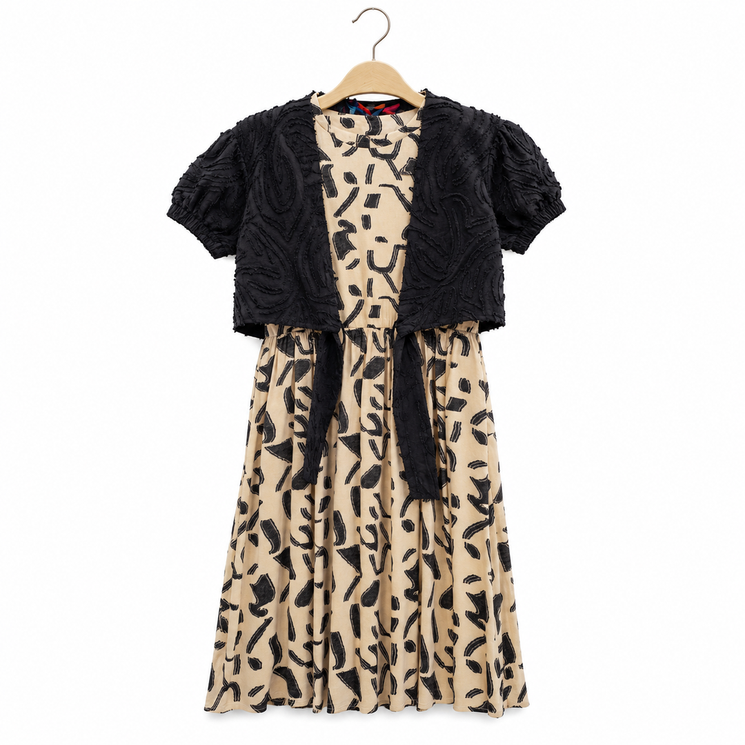 Girls Jacquard Linen Twin Set with Plain Bolero