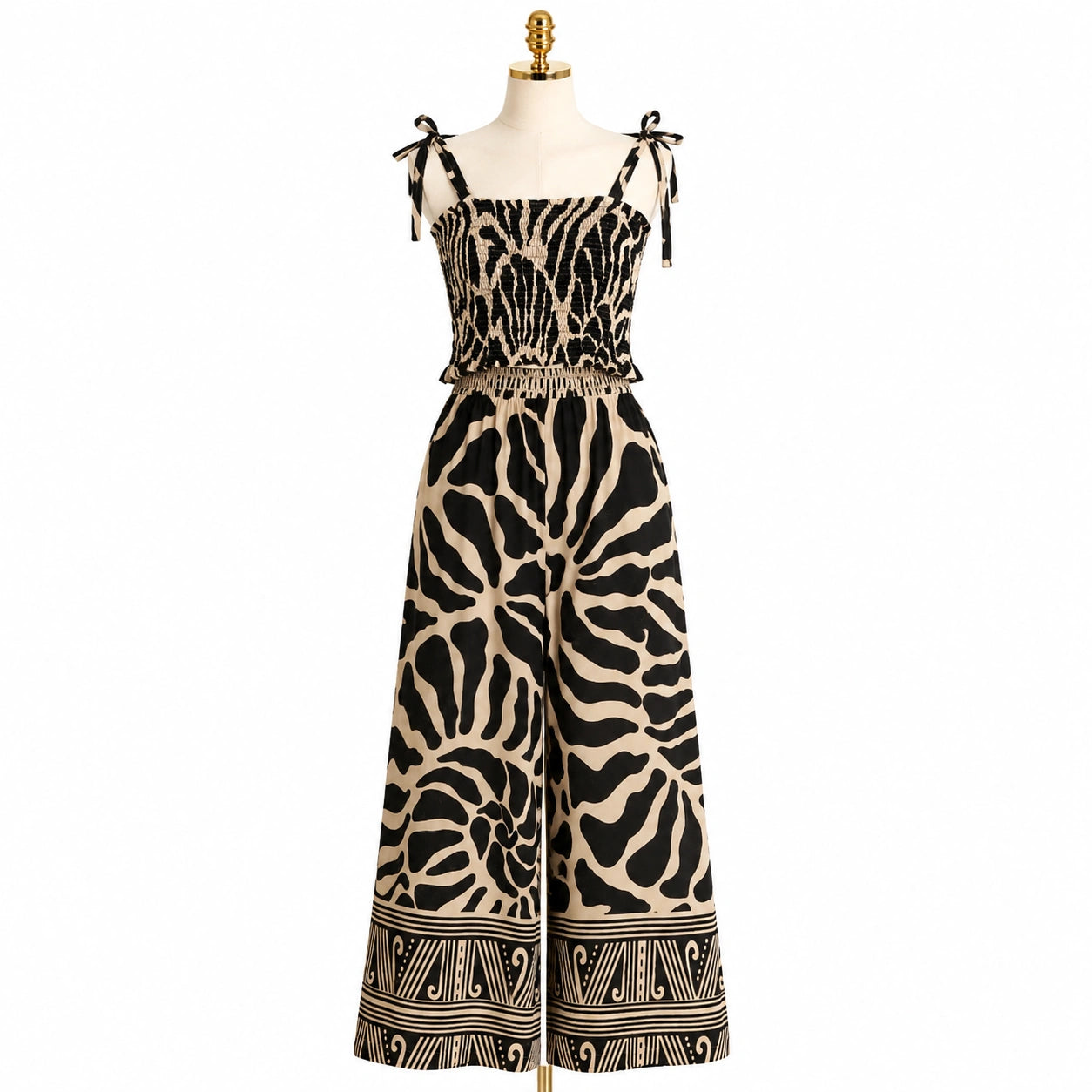 Smocked Printed Top & Wide Leg Pants Set