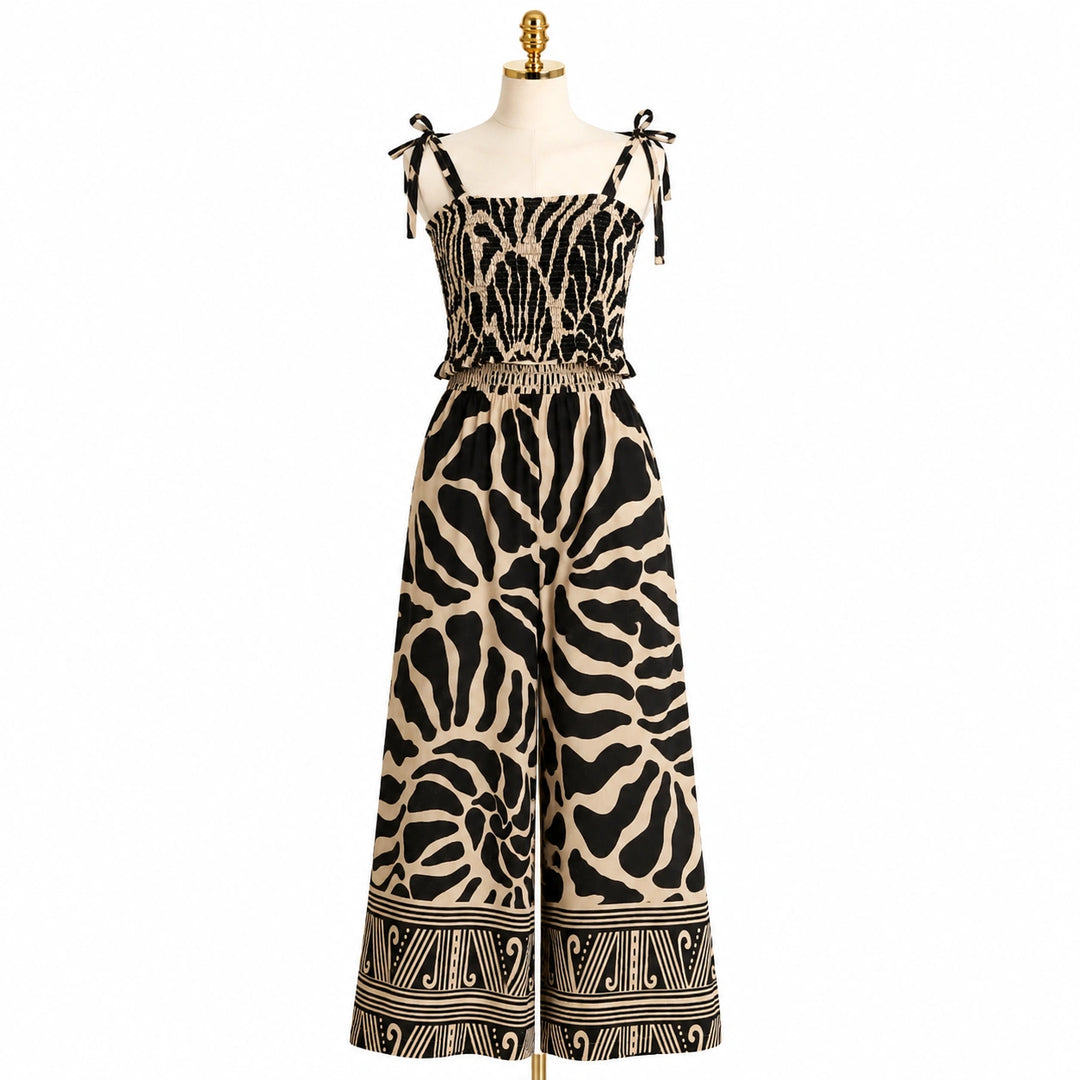 Smocked Printed Top & Wide Leg Pants Set