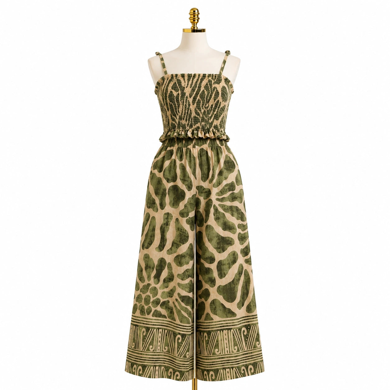 Smocked Printed Top & Wide Leg Pants Set