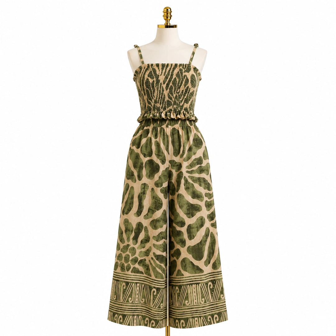 Smocked Printed Top & Wide Leg Pants Set
