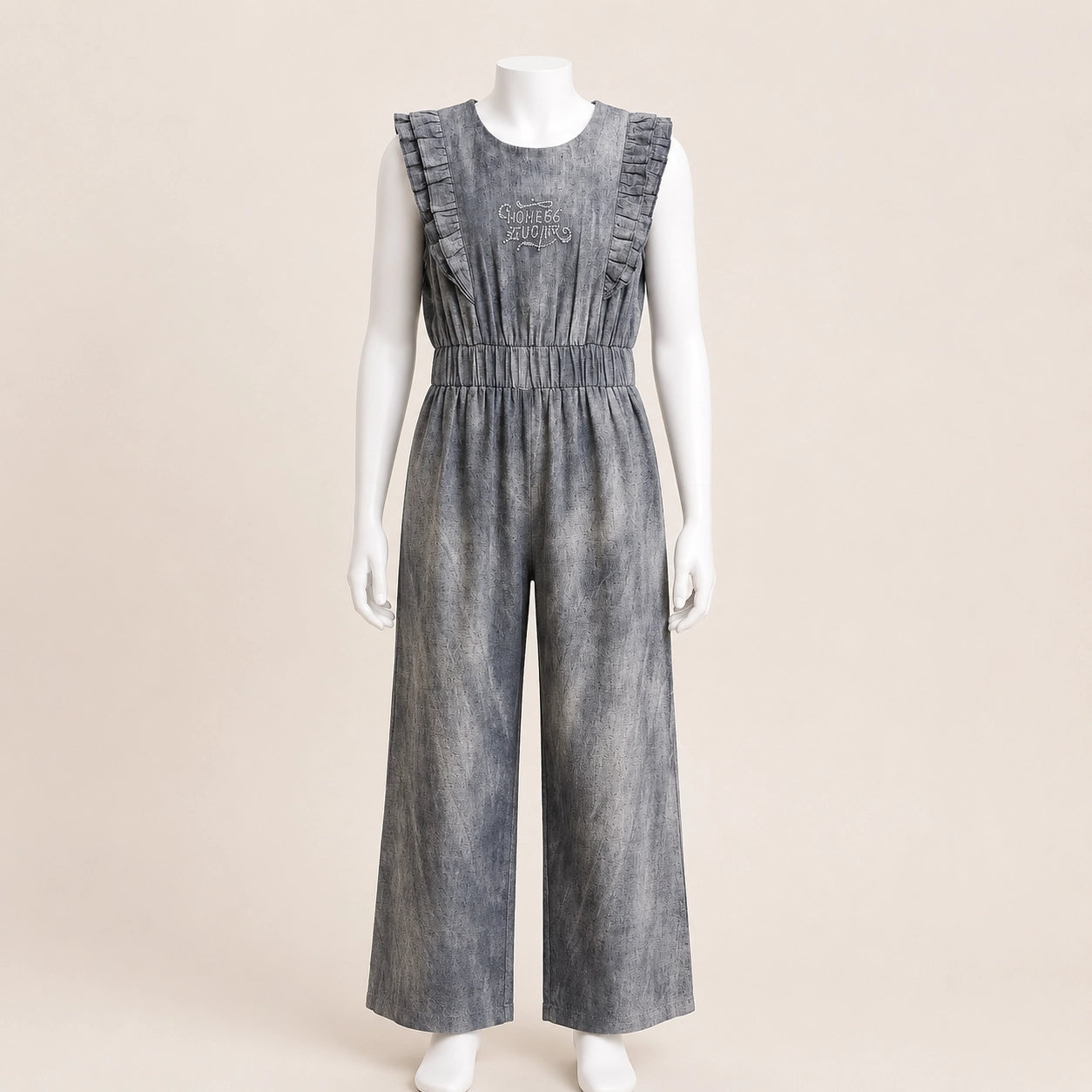 Girls Ruffle Shoulder Linen Jumpsuit