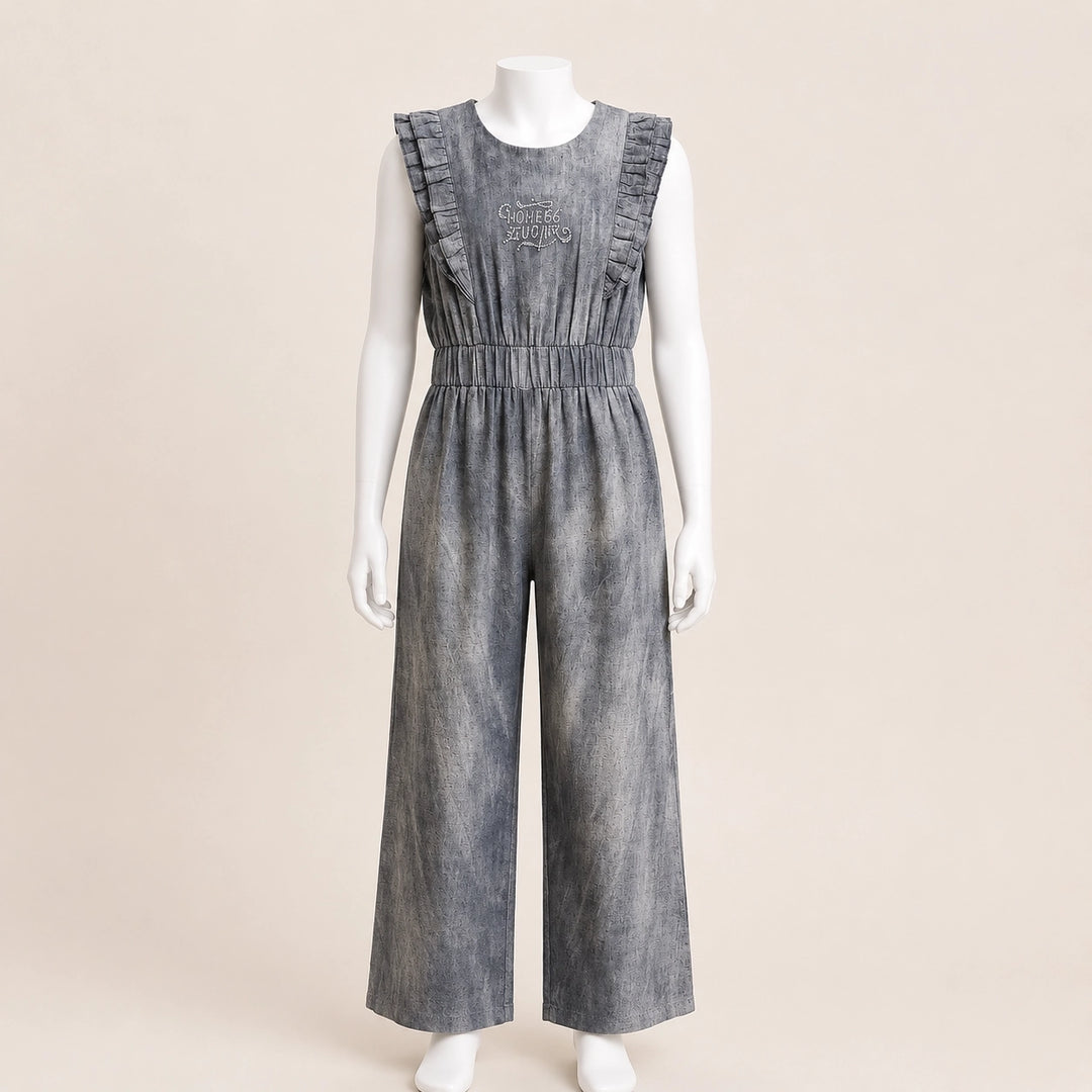 Girls Ruffle Shoulder Linen Jumpsuit