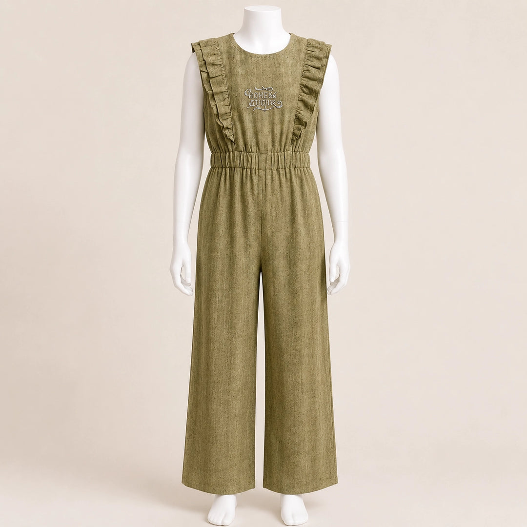Girls Ruffle Shoulder Linen Jumpsuit