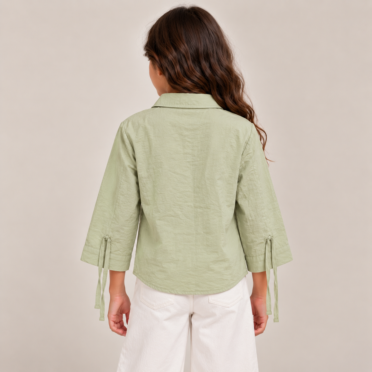 Women Crochet Pocket Tie-Sleeve Shirt
