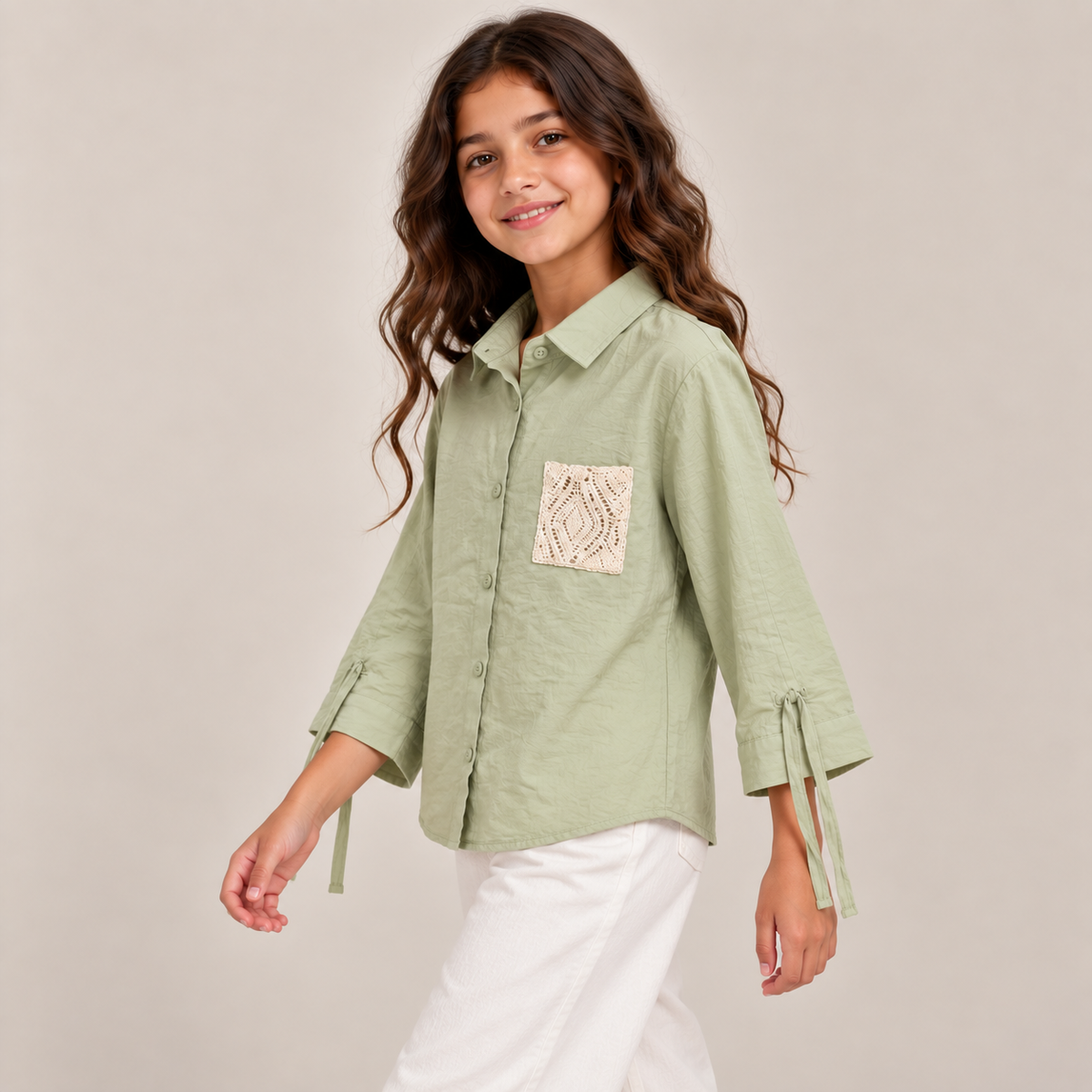 Women Crochet Pocket Tie-Sleeve Shirt
