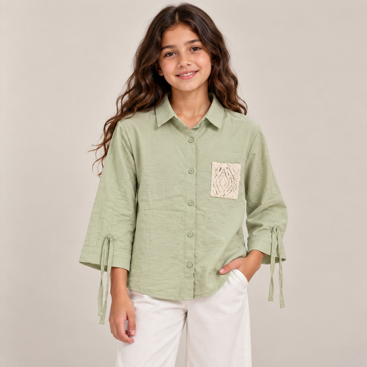 Women Crochet Pocket Tie-Sleeve Shirt