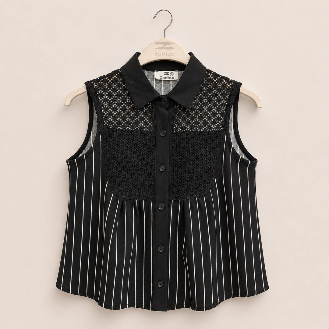 Lace Yoke Striped Sleeveless Blouse