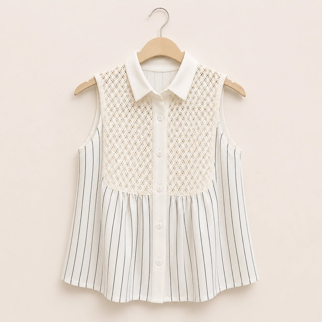 Lace Yoke Striped Sleeveless Blouse