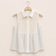 Lace Yoke Striped Sleeveless Blouse