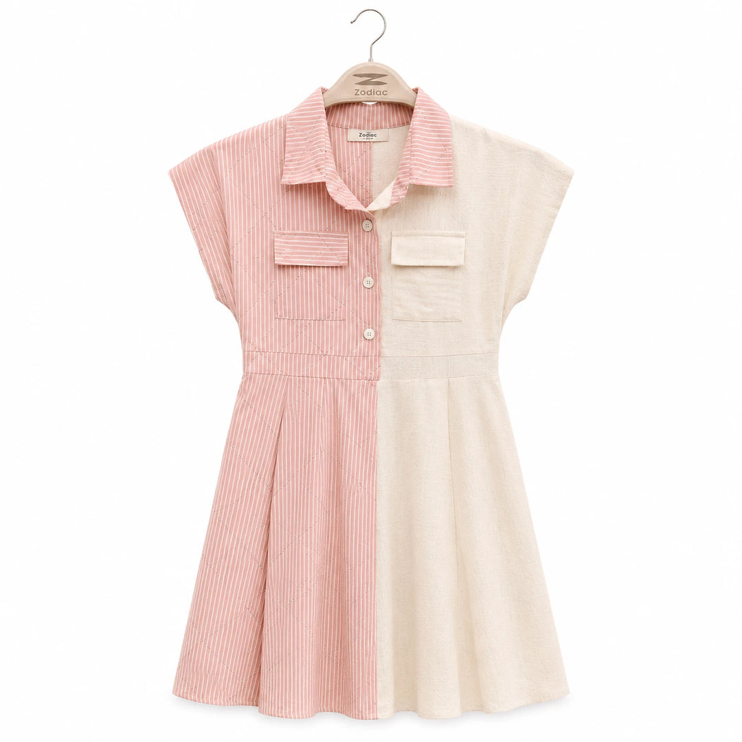 Girls Half Stripe Dress with Front Pockets