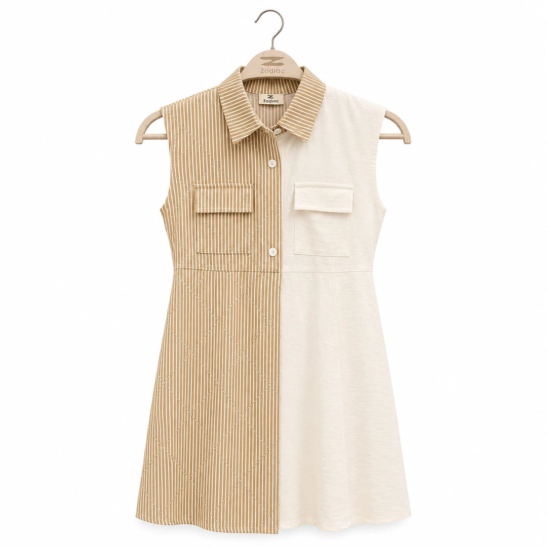 Girls Half Stripe Dress with Front Pockets