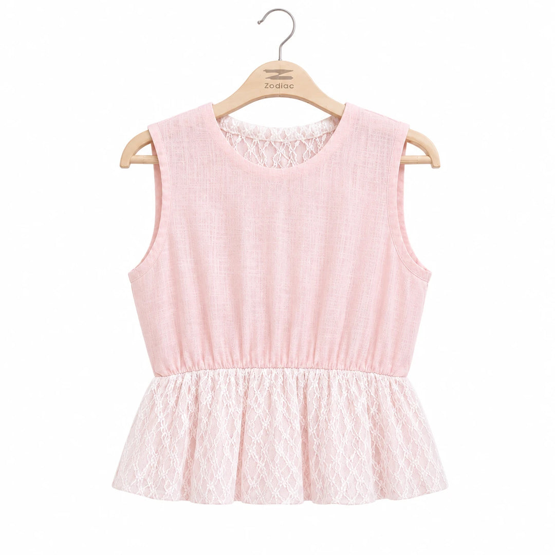 Girls Linen Lace Peplum Top and Wide-Leg Pants Set