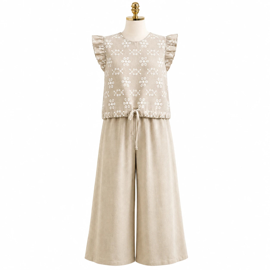 Girls Linen Star Print Top and Wide-Leg Pants Set