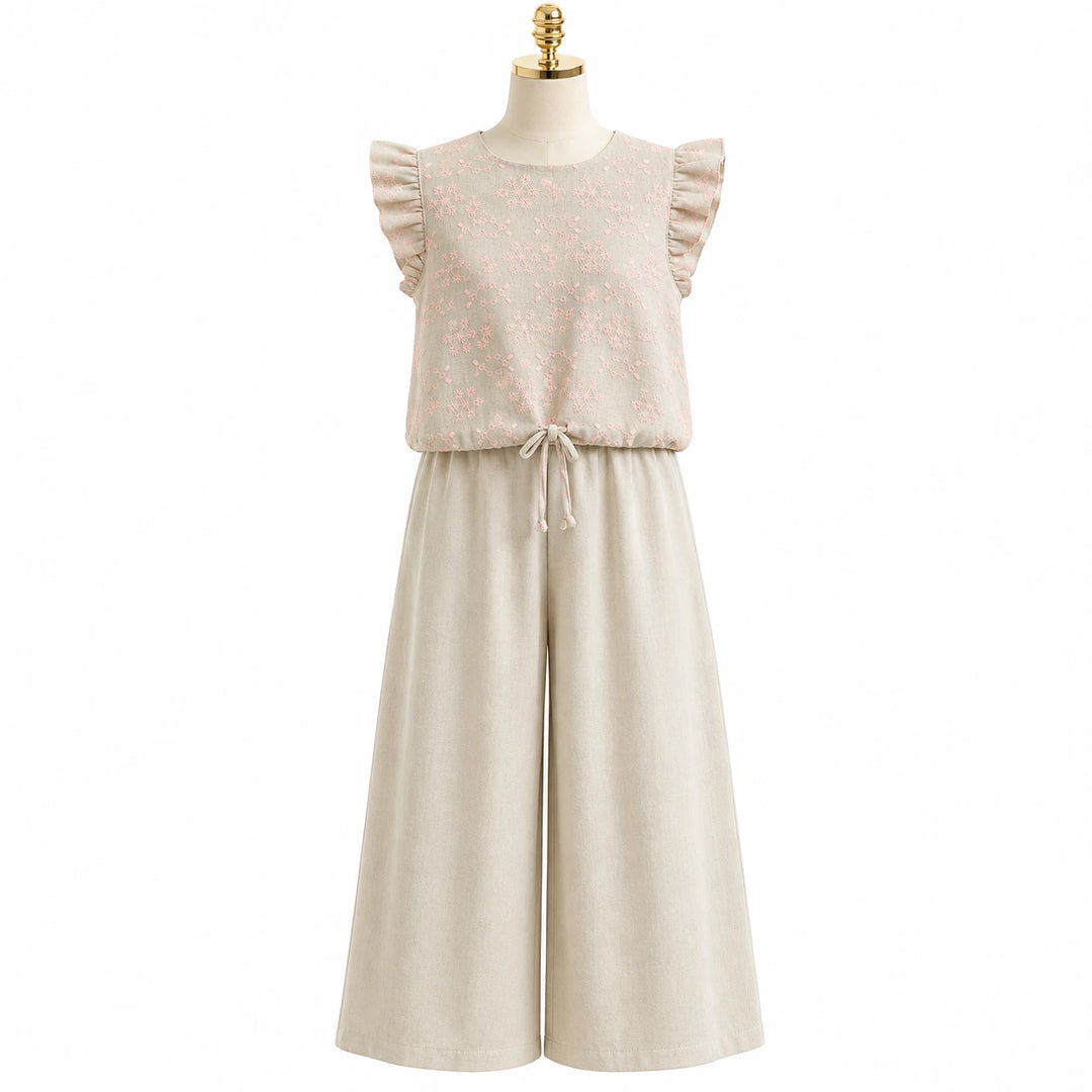 Girls Linen Star Print Top and Wide-Leg Pants Set