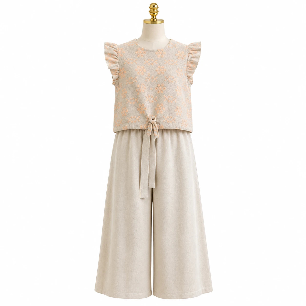 Girls Linen Star Print Top and Wide-Leg Pants Set