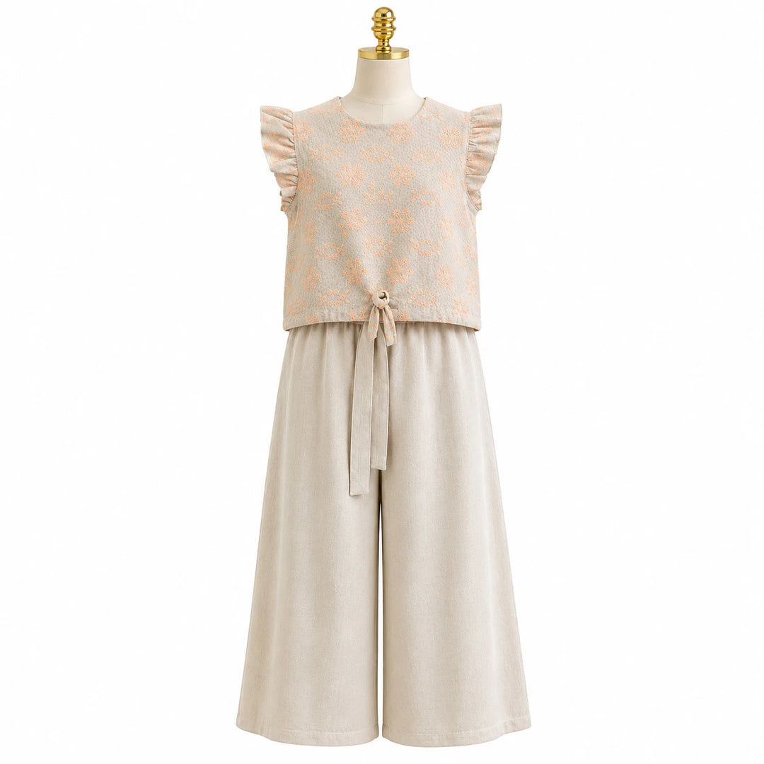 Girls Linen Star Print Top and Wide-Leg Pants Set