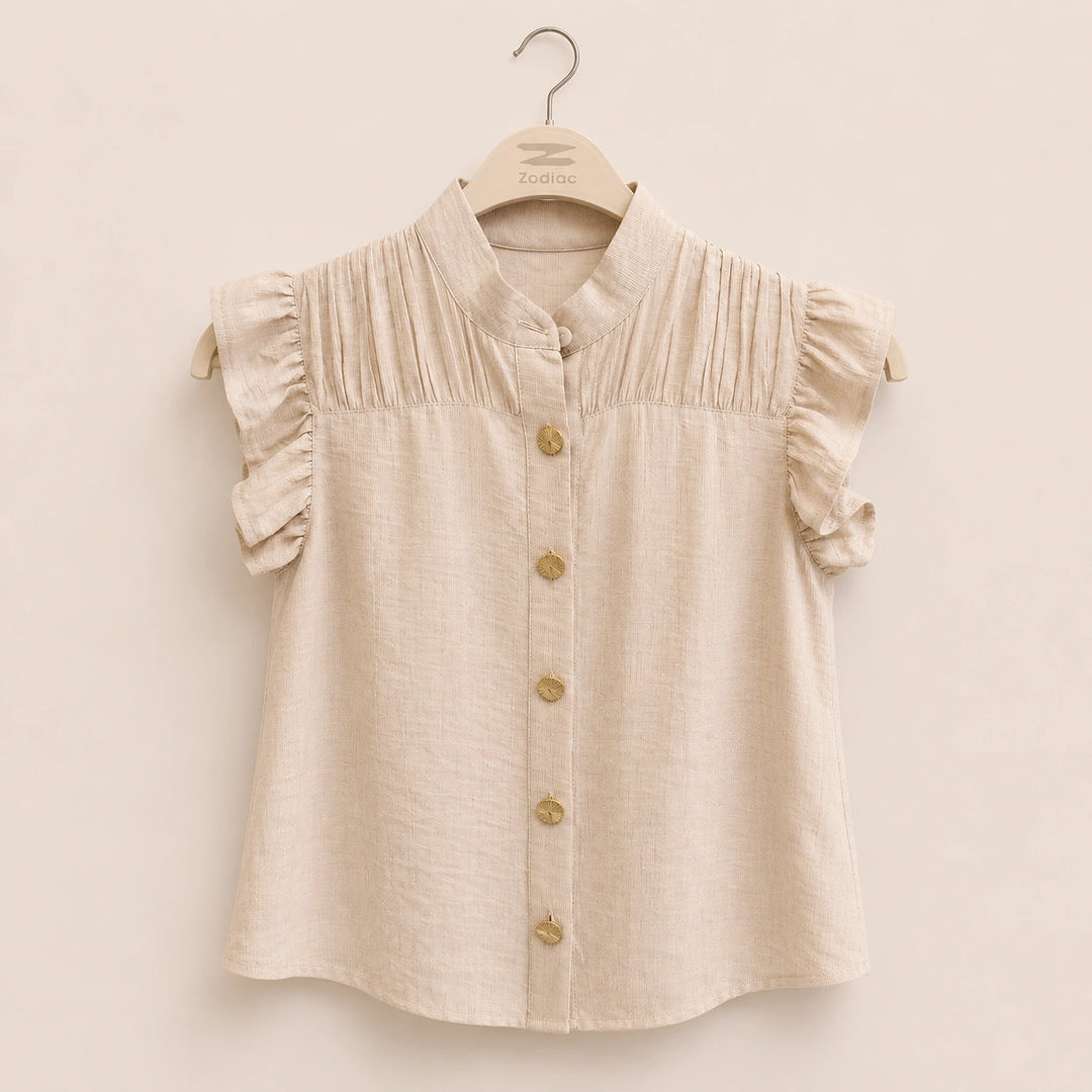 Pleated Yoke Ruffle Sleeve Blouse